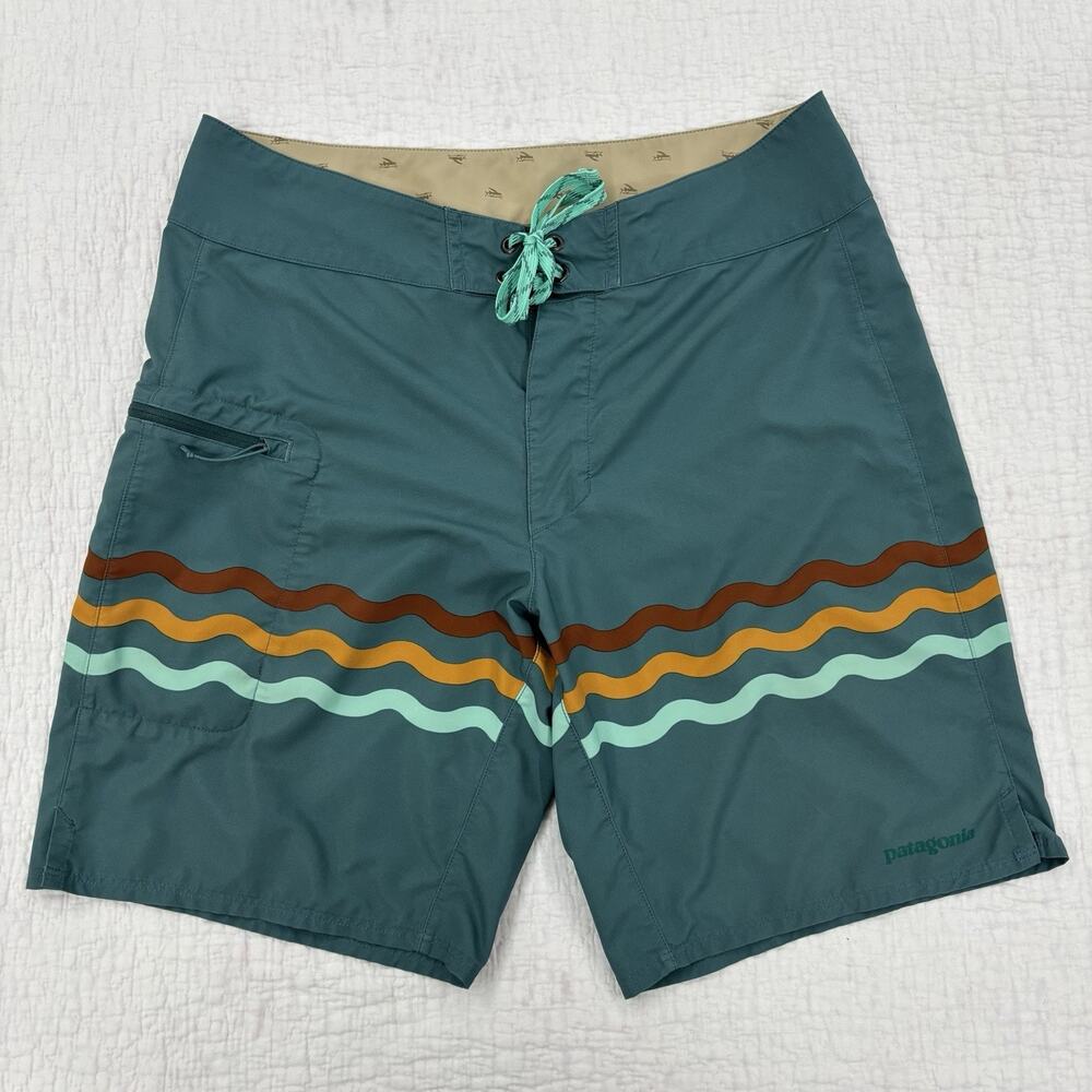 Patagonia Board Shorts Men 32 Green Stretch Planing 9" inseam Swimming Surfing